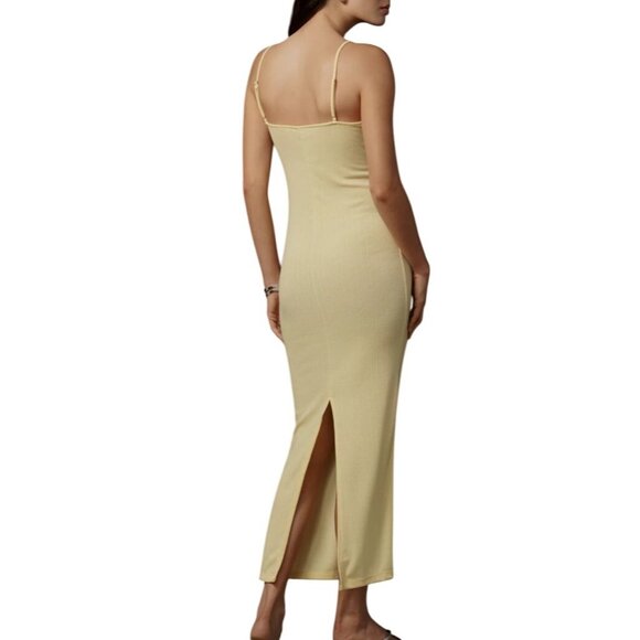 Anthropologie XL Yellow Ribbed Knit Maxi Dress Adjustable Straps & Back Slit - Picture 3 of 13